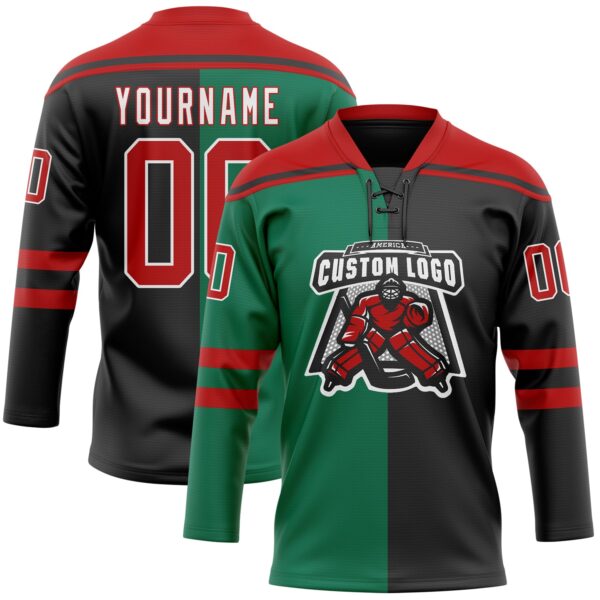 Custom Black Red Kelly Green-White Split Fashion Hockey Lace Neck Jersey