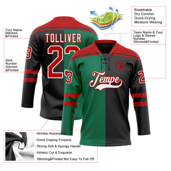 Custom Black Red Kelly Green-White Split Fashion Hockey Lace Neck Jersey