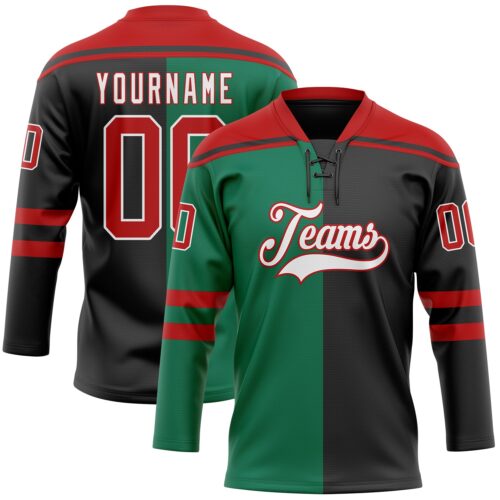Custom Black Red Kelly Green-White Split Fashion Hockey Lace Neck Jersey