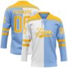 Custom Light Blue Gold-White Split Fashion Hockey Lace Neck Jersey