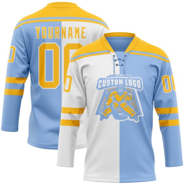 Custom Light Blue Gold-White Split Fashion Hockey Lace Neck Jersey