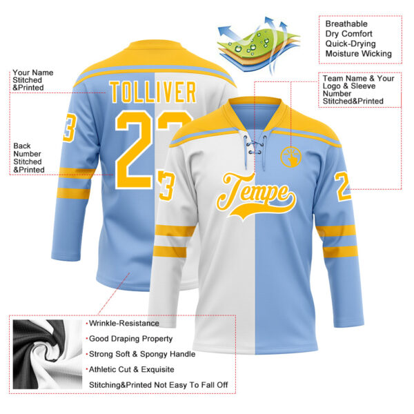 Custom Light Blue Gold-White Split Fashion Hockey Lace Neck Jersey