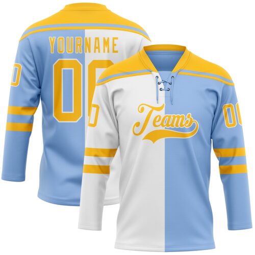 Custom Light Blue Gold-White Split Fashion Hockey Lace Neck Jersey