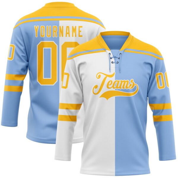 Custom Light Blue Gold-White Split Fashion Hockey Lace Neck Jersey