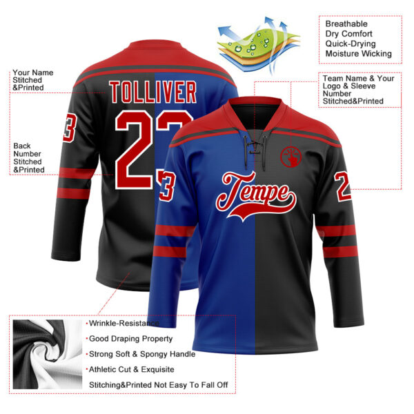 Custom Black Red Royal-White Split Fashion Hockey Lace Neck Jersey