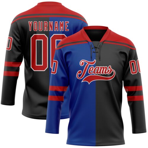 Custom Black Red Royal-White Split Fashion Hockey Lace Neck Jersey