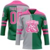 Custom Kelly Green Pink Gray-White Split Fashion Hockey Lace Neck Jersey