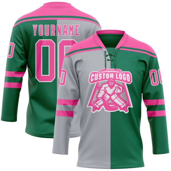 Custom Kelly Green Pink Gray-White Split Fashion Hockey Lace Neck Jersey