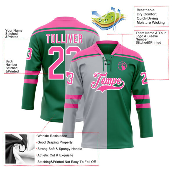 Custom Kelly Green Pink Gray-White Split Fashion Hockey Lace Neck Jersey