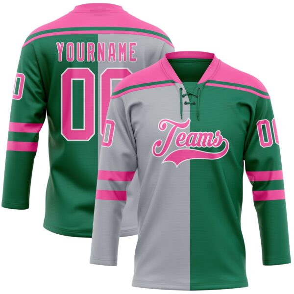 Custom Kelly Green Pink Gray-White Split Fashion Hockey Lace Neck Jersey