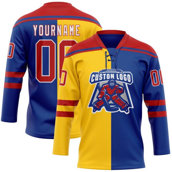 Custom Royal Red Yellow-White Split Fashion Hockey Lace Neck Jersey