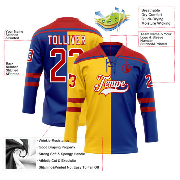 Custom Royal Red Yellow-White Split Fashion Hockey Lace Neck Jersey