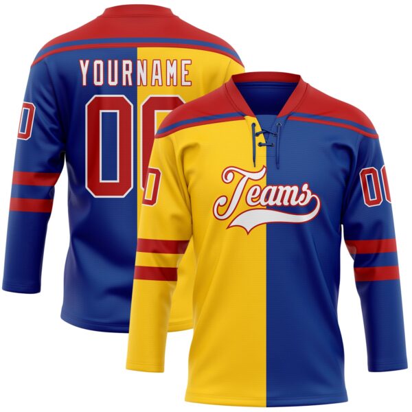 Custom Royal Red Yellow-White Split Fashion Hockey Lace Neck Jersey
