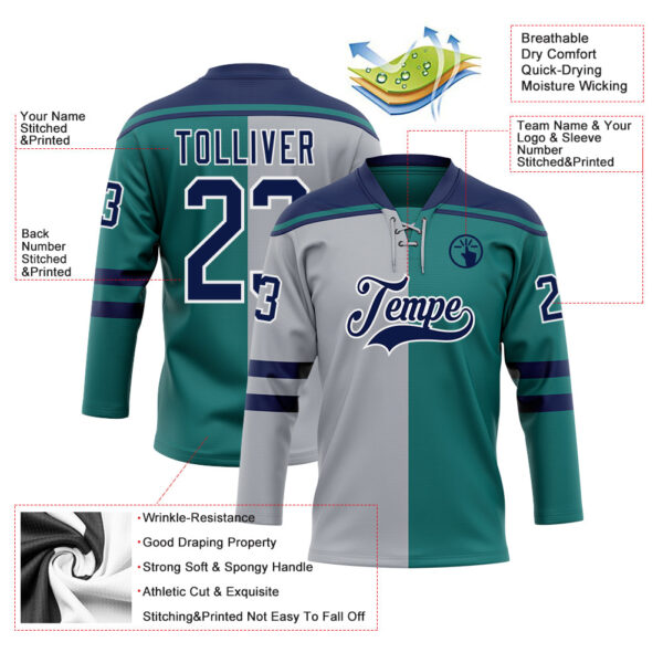 Custom Teal Navy Gray-White Split Fashion Hockey Lace Neck Jersey