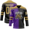 Custom Black Old Gold Purple-White Split Fashion Hockey Lace Neck Jersey