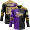 Custom Black Old Gold Purple-White Split Fashion Hockey Lace Neck Jersey