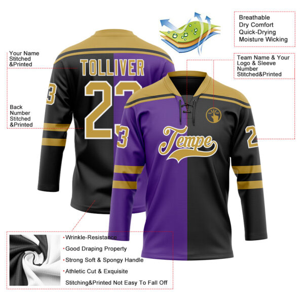 Custom Black Old Gold Purple-White Split Fashion Hockey Lace Neck Jersey