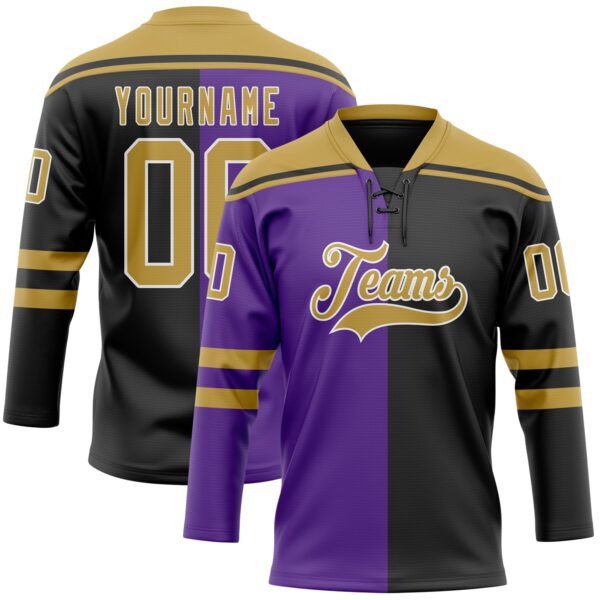 Custom Black Old Gold Purple-White Split Fashion Hockey Lace Neck Jersey