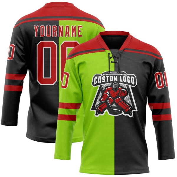Custom Black Red Neon Green-White Split Fashion Hockey Lace Neck Jersey