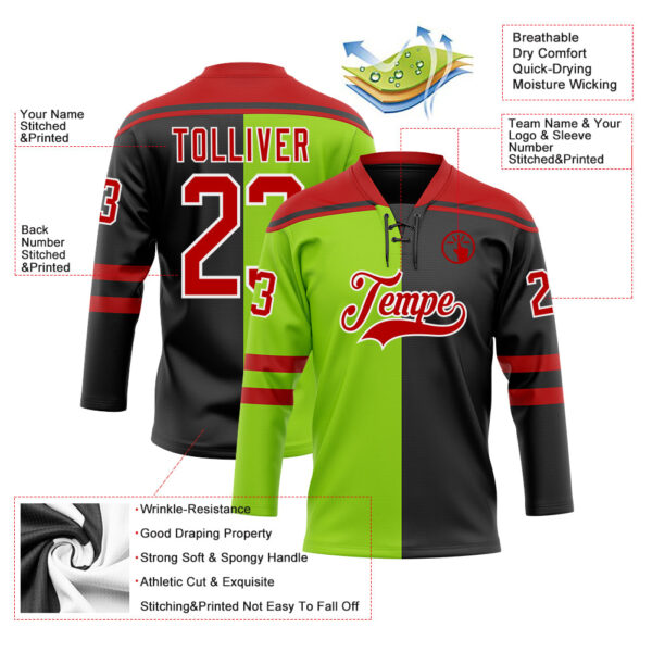 Custom Black Red Neon Green-White Split Fashion Hockey Lace Neck Jersey