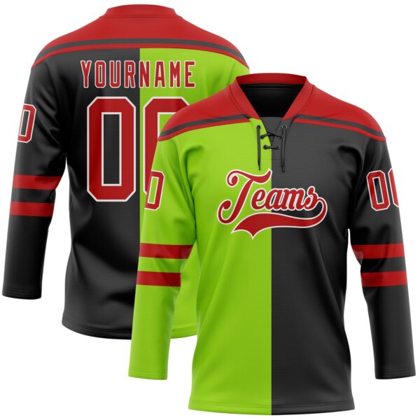 Custom Black Red Neon Green-White Split Fashion Hockey Lace Neck Jersey