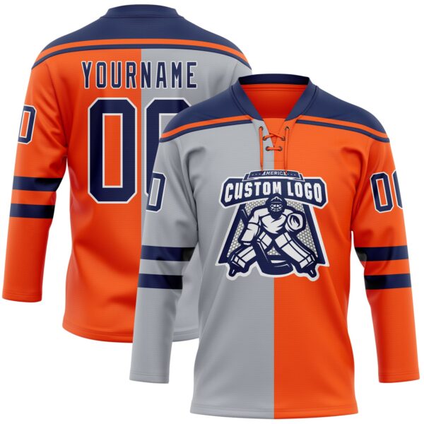 Custom Orange Navy Gray-White Split Fashion Hockey Lace Neck Jersey