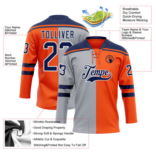 Custom Orange Navy Gray-White Split Fashion Hockey Lace Neck Jersey