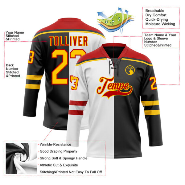 Custom Black Yellow White-Red Split Fashion Hockey Lace Neck Jersey
