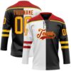 Custom Black Yellow White-Red Split Fashion Hockey Lace Neck Jersey