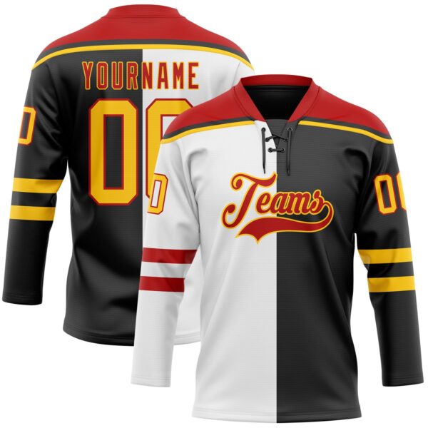 Custom Black Yellow White-Red Split Fashion Hockey Lace Neck Jersey