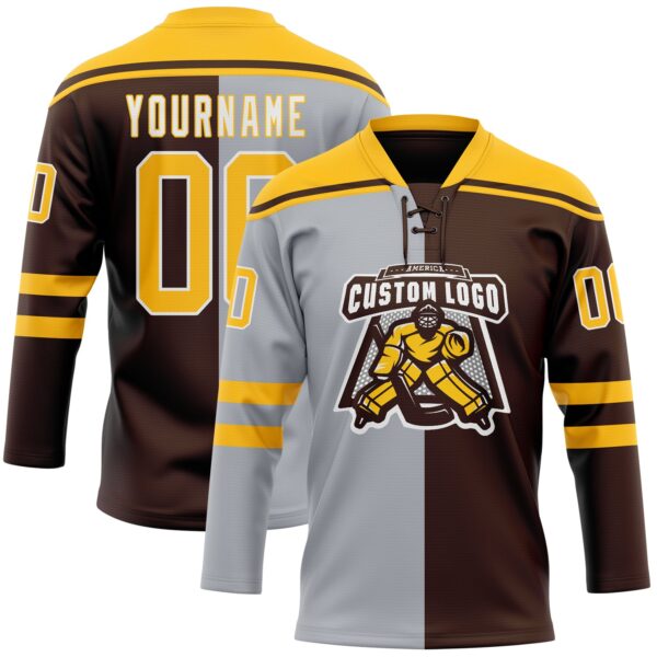 Custom Brown Gold Gray-White Split Fashion Hockey Lace Neck Jersey
