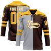 Custom Brown Gold Gray-White Split Fashion Hockey Lace Neck Jersey