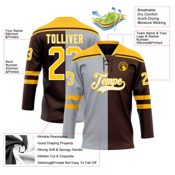 Custom Brown Gold Gray-White Split Fashion Hockey Lace Neck Jersey