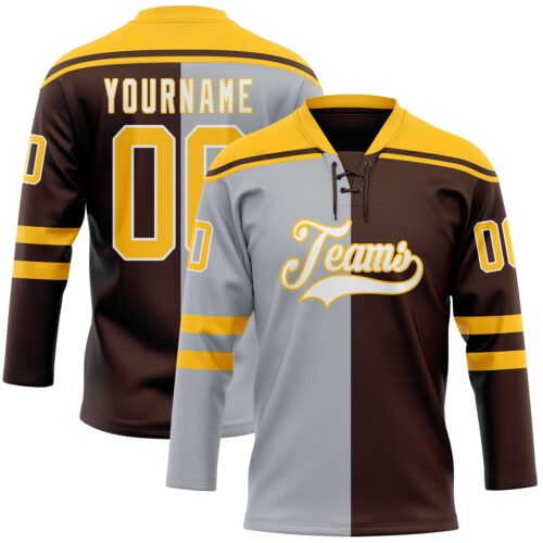 SplitF1210 Custom Brown Gold Gray-White Split Fashion Hockey Lace Neck Jersey