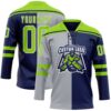Custom Navy Neon Green Gray-White Split Fashion Hockey Lace Neck Jersey