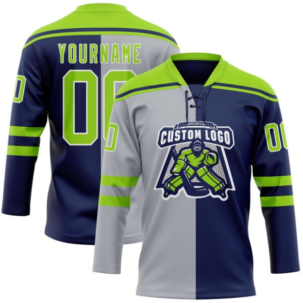 Custom Navy Neon Green Gray-White Split Fashion Hockey Lace Neck Jersey