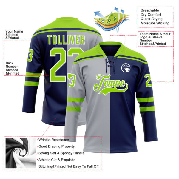 Custom Navy Neon Green Gray-White Split Fashion Hockey Lace Neck Jersey