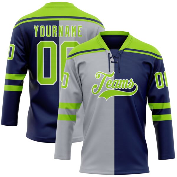 Custom Navy Neon Green Gray-White Split Fashion Hockey Lace Neck Jersey
