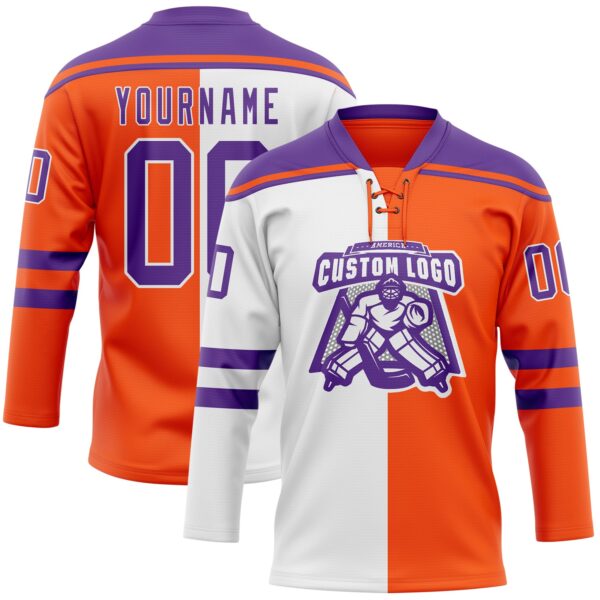 Custom Orange Purple-White Split Fashion Hockey Lace Neck Jersey