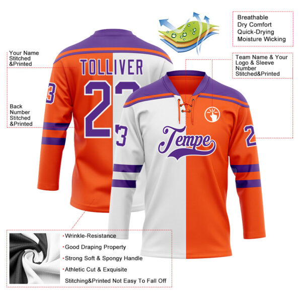 Custom Orange Purple-White Split Fashion Hockey Lace Neck Jersey