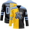 Custom Black Light Blue Yellow-White Split Fashion Hockey Lace Neck Jersey