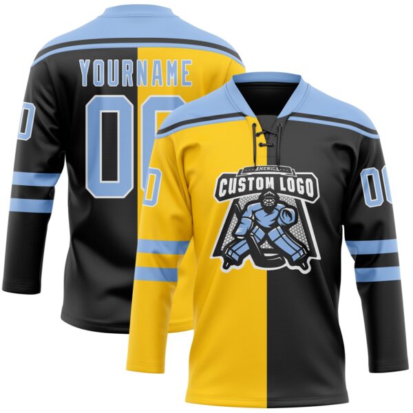 Custom Black Light Blue Yellow-White Split Fashion Hockey Lace Neck Jersey