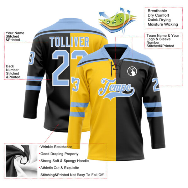 Custom Black Light Blue Yellow-White Split Fashion Hockey Lace Neck Jersey