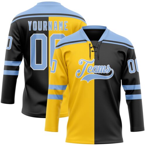 SplitF1213 Custom Black Light Blue Yellow-White Split Fashion Hockey Lace Neck Jersey