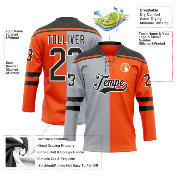 Custom Orange Black Gray-White Split Fashion Hockey Lace Neck Jersey