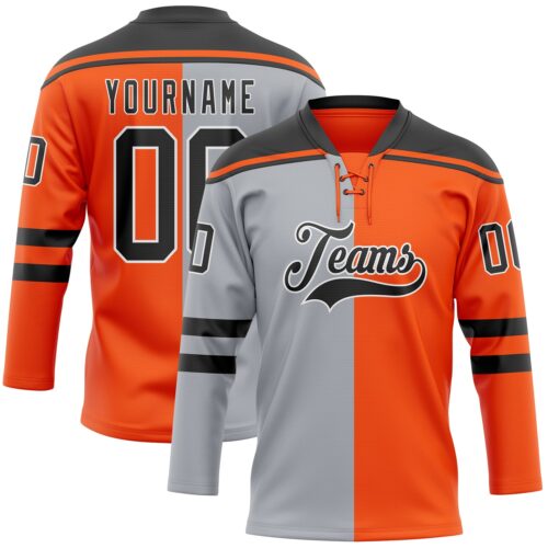 SplitF1214_2f0ceaef-2880-42e7-beed-84595e4244c2 Custom Orange Black Gray-White Split Fashion Hockey Lace Neck Jersey