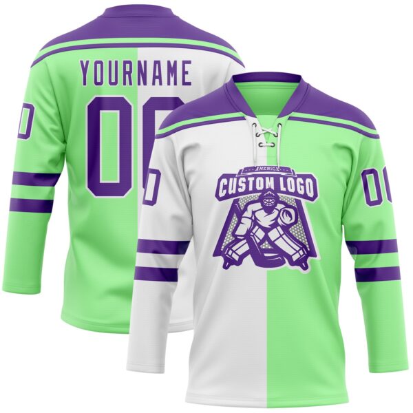 Custom Pea Green Purple-White Split Fashion Hockey Lace Neck Jersey