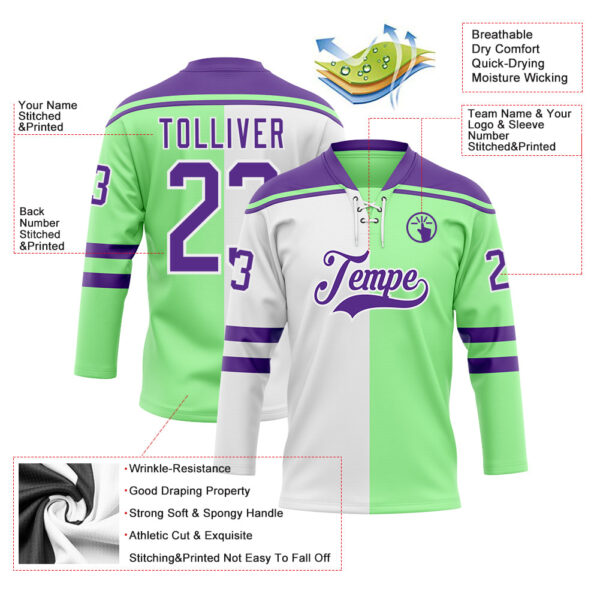Custom Pea Green Purple-White Split Fashion Hockey Lace Neck Jersey