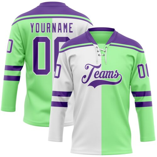 SplitF1215 Custom Pea Green Purple-White Split Fashion Hockey Lace Neck Jersey