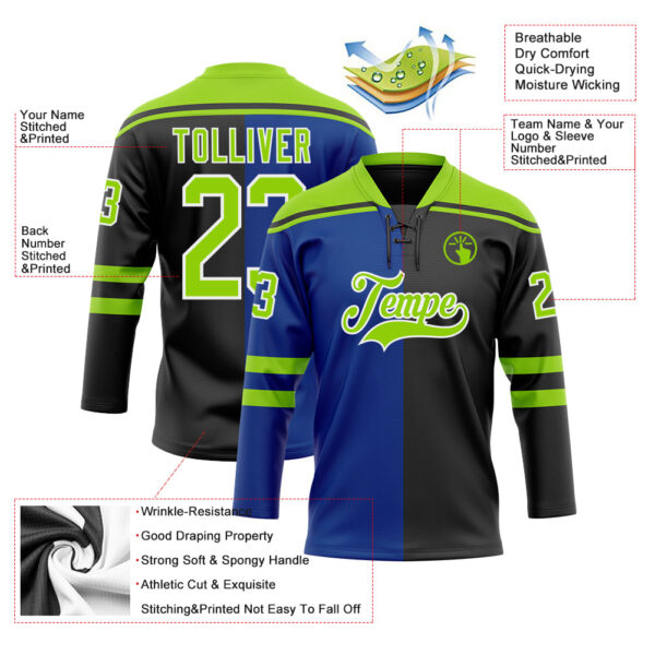 Custom Black Neon Green Royal-White Split Fashion Hockey Lace Neck Jersey